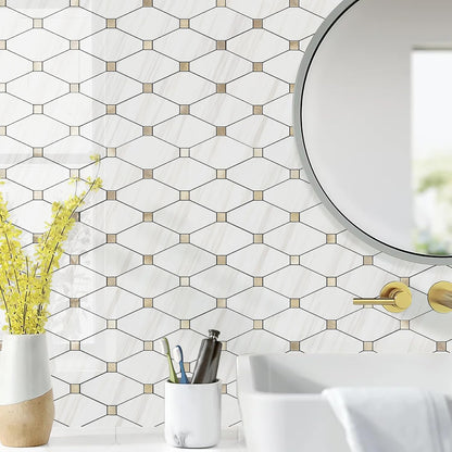 STICKGOO 10 Sheets Peel and Stick Backsplash, Polished Dolomite PVC Mixed Metal Gold Kitchen Backsplash, Waterproof, Stick on Wall Tiles for Kitchen, Bathroom, Vanities, RV