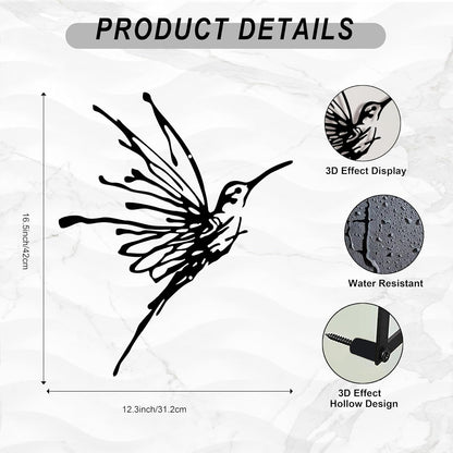 3D Metal Hummingbird Wall Art, Black Outdoor Decor, Waterproof(12.3"x16.5") Stunning 3D black metal hummingbird, weatherproof design, ideal for garden, yard, or balcony wall decoration