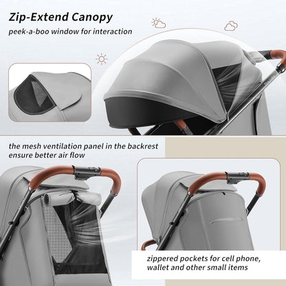 Tinyiota Baby Stroller with UPF 50+ Canopy, One-Hand Fold, Leather Handle, Reclining Seat, Grey