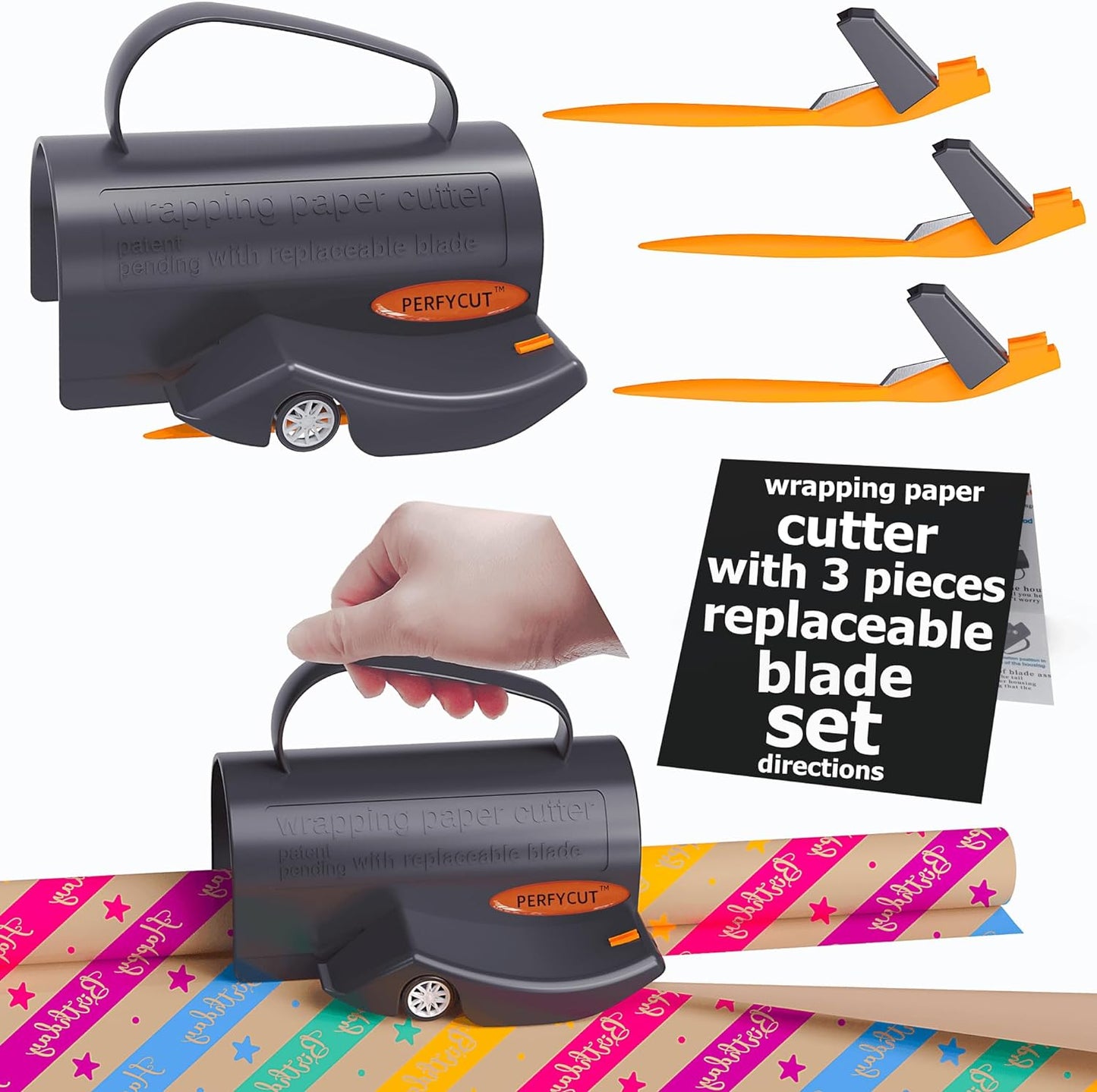 PERFYCUT Wrapping Paper Cutter with 3 Replaceable Blade Sets, Gift Wrapping Paper Roll Cutter with Hidden Stainless Steel Blade, Black