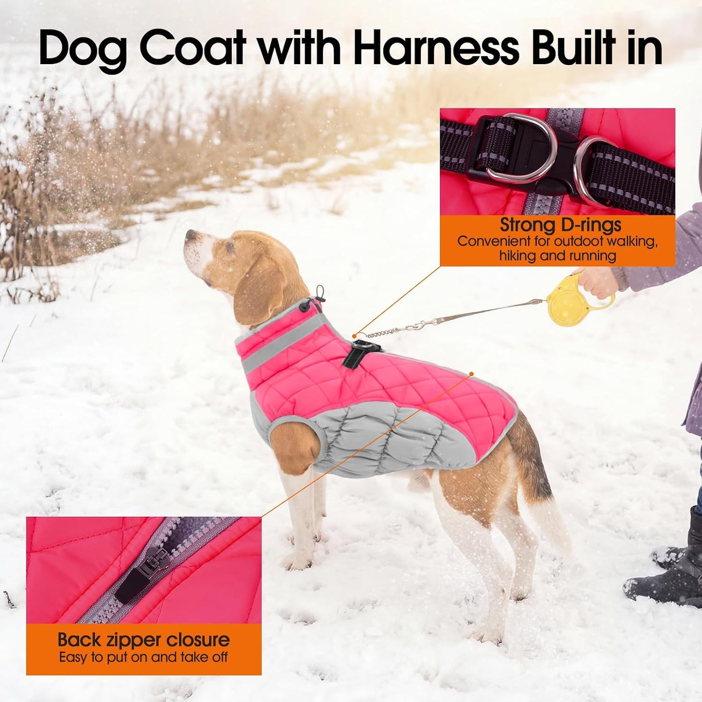 Warm Dog Winter Coat, Waterproof Dog Jacket with Built-In Harness, Reflective Fleece Vest, X-Small, Neon Pink
