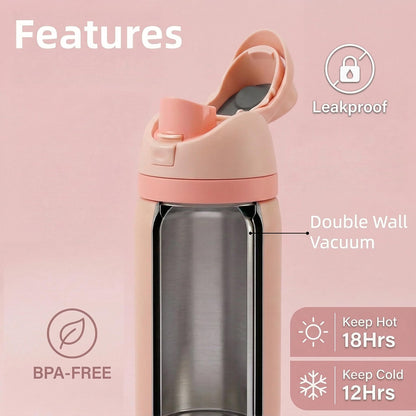 HyperionFlo Essentials 24oz Insulated Stainless Steel Water Bottle with Straw, Double-Wall Vacuum Travel Bottle, Leakproof Spillproof, Pink