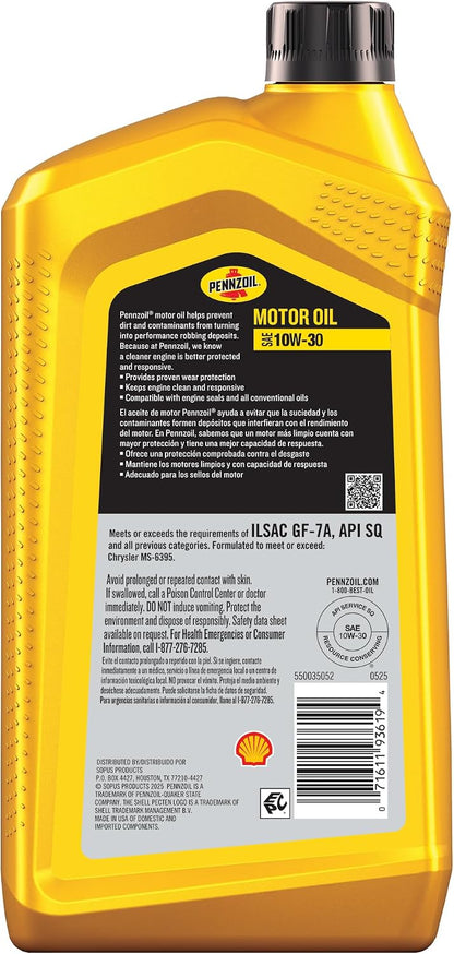 Pennzoil Conventional 10W-30 Motor Oil, 1 Quart, Multi-Grade Engine Oil for Cars, Trucks & UTVs