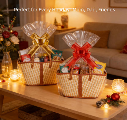 HyperionFlo Essentials 6-Piece Bamboo Gift Basket Set, Large Woven Empty Gift Baskets with Clear Bags, Bows, Cards & Kraft Tags, Khaki