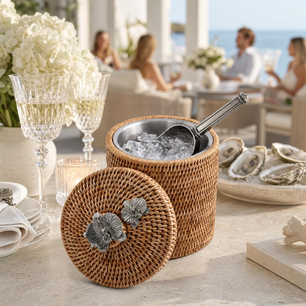 Vagabond House Wicker Ice Bucket with Pewter Orchid Knob, Stainless Steel Lined Rattan Champagne Holder, 8-Inch