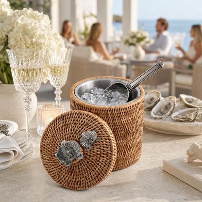 Vagabond House Wicker Ice Bucket with Pewter Orchid Knob, Stainless Steel Lined Rattan Champagne Holder, 8-Inch