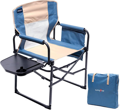 SUNNYFEEL Oversized Camping Chair Portable Directors Chairs with Side Table Heavy Duty Folding Lawn Chair for Adults 300LBS with Compact Size, Breathable Mesh, Pocket & Carry Bag for Outdoor, Lawn, RV