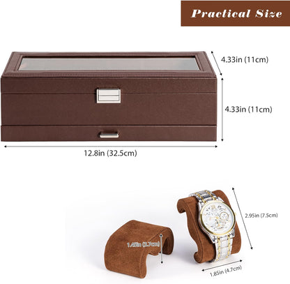 ProCase Watch Box, 6-Slot Watch Display Case with Drawer, 2-Layer Glass Lid Watch Organizer with Faux Leather & Velvet Interior, Espresso
