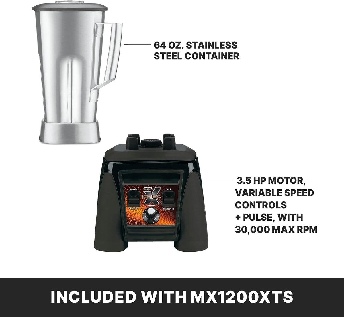 Waring Commercial MX1200XTS 3.5 HP Blender with Variable Speed Dial Speed Controls and a 64 oz. Stainless Steel Container, 120V, 5-15 Phase Plug