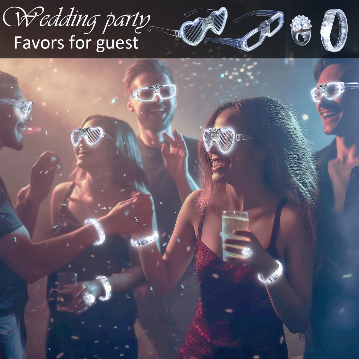 bethmore 50-Piece LED Wedding Party Supplies Set, 10 Flashing Glasses, 20 Light-Up Bracelets & 20 LED Blink Rings, White Love-Themed Glow Party Accessories