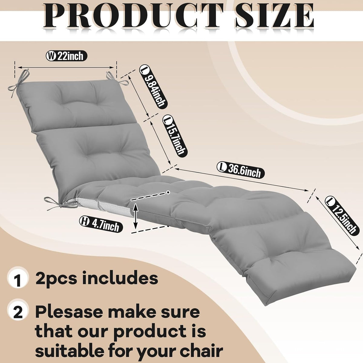 Kigley Chaise Lounge Cushions 75 x 22 x 5 Inches Soft Lounge Chair Cushion Spring/Summer Seasonal Replacement for Outdoor Indoor Home Office(Light Gray,2 Pcs)