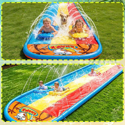 23FT Triple Water Slide with 3 Inflatable Bodyboards, Lawn Slip Splash Slide with Built-In Sprinkler, Outdoor Backyard Water Slide for Kids & Adults