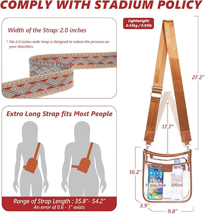 QOECI Clear Stadium Crossbody Bag, Stadium Approved Transparent Purse with 2 Adjustable Straps, 3-Pocket Clear Concert Bag for Sports Events, Brown