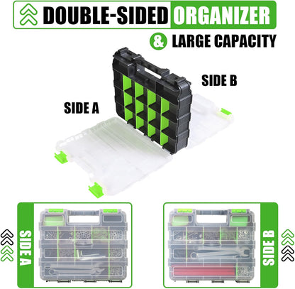 HyperionFlo Essentials Double-Sided 34-Compartment Organizer Box, 2-Pack, Transparent Lid with Removable Dividers, Green