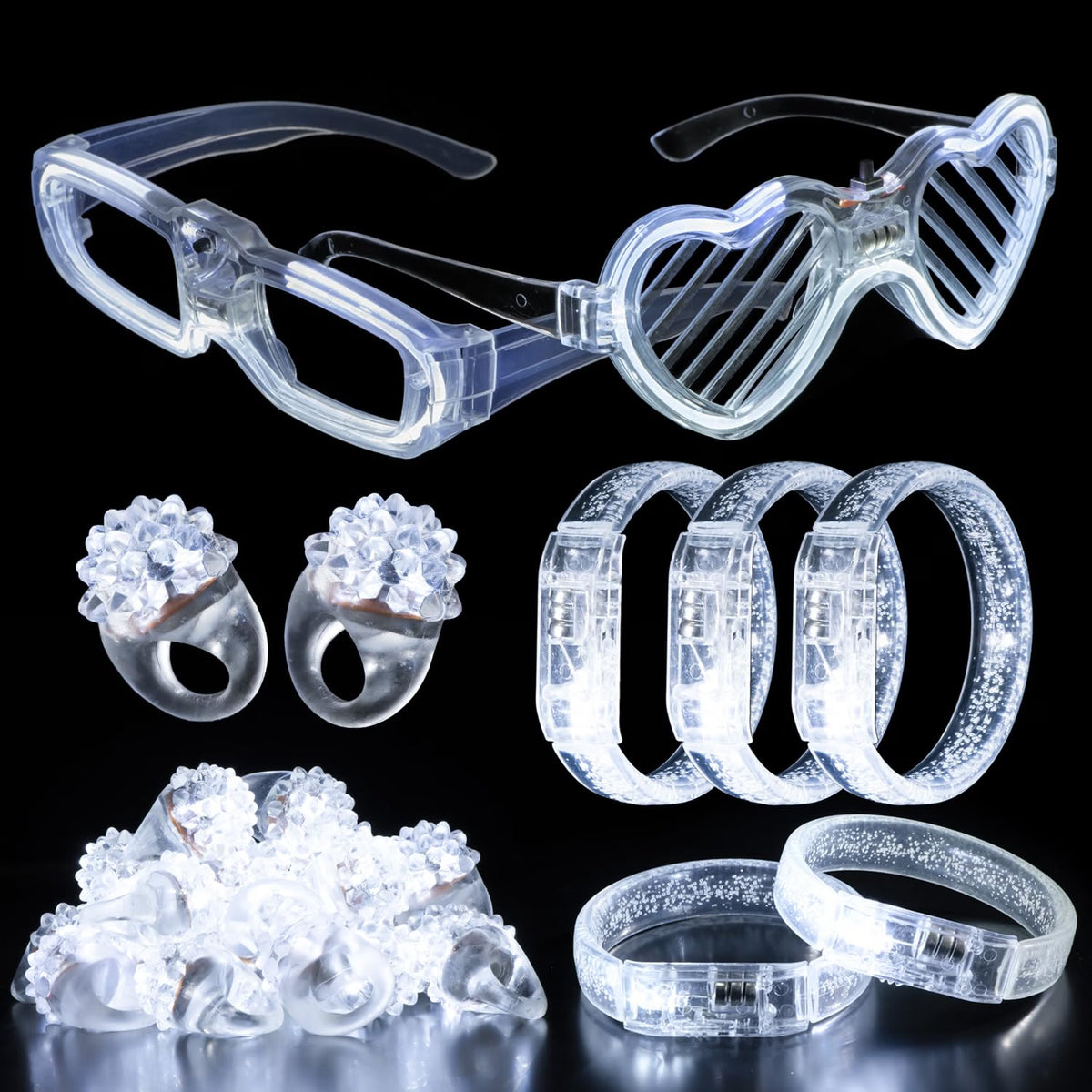 bethmore 50-Piece LED Wedding Party Supplies Set, 10 Flashing Glasses, 20 Light-Up Bracelets & 20 LED Blink Rings, White Love-Themed Glow Party Accessories