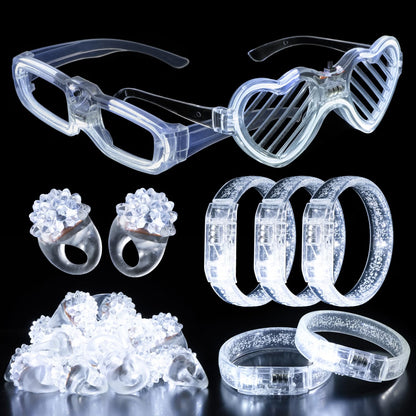bethmore 50-Piece LED Wedding Party Supplies Set, 10 Flashing Glasses, 20 Light-Up Bracelets & 20 LED Blink Rings, White Love-Themed Glow Party Accessories
