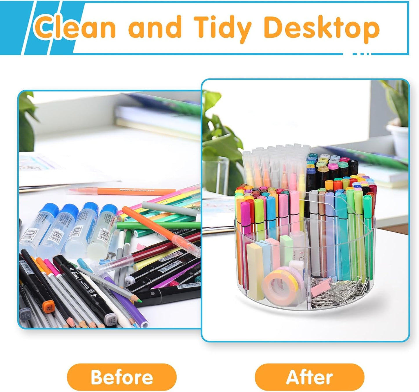 Acrylic Rotating Pen Holder, 360° Spinning Desk Organizer with 6 Compartments, Clear Desktop Caddy for Pens, Pencils, Markers, Crayons and Art Supplies