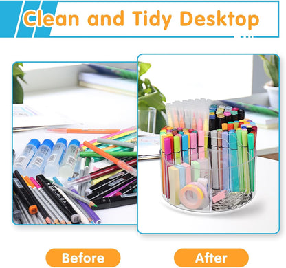 Acrylic Rotating Pen Holder, 360° Spinning Desk Organizer with 6 Compartments, Clear Desktop Caddy for Pens, Pencils, Markers, Crayons and Art Supplies