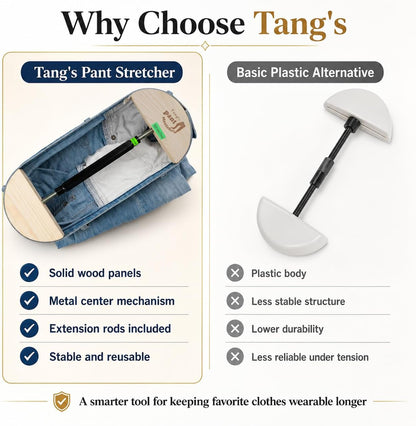 Tang's Heavy Duty Pant Stretcher for Jeans, Adjustable Waistband Stretcher 30 to 59 Inches, Solid Wood and Aluminum Alloy Waist Expander for Men and Women, Pants, Shorts and Skirts