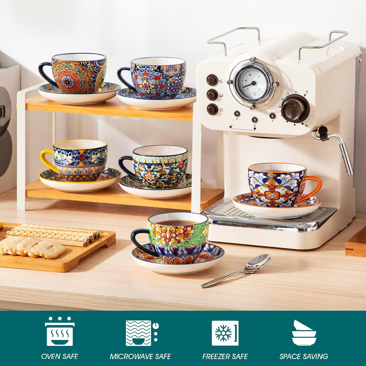 vancasso 8 Oz Cappuccino Cups, Porcelain Tea Cups and Saucers Set of 6 Bohemian Cappuccino Mugs,Perfect for Latte, Tea and Espresso, Microwave and Dishwasher Safe,Lead-Free and Non-Toxic