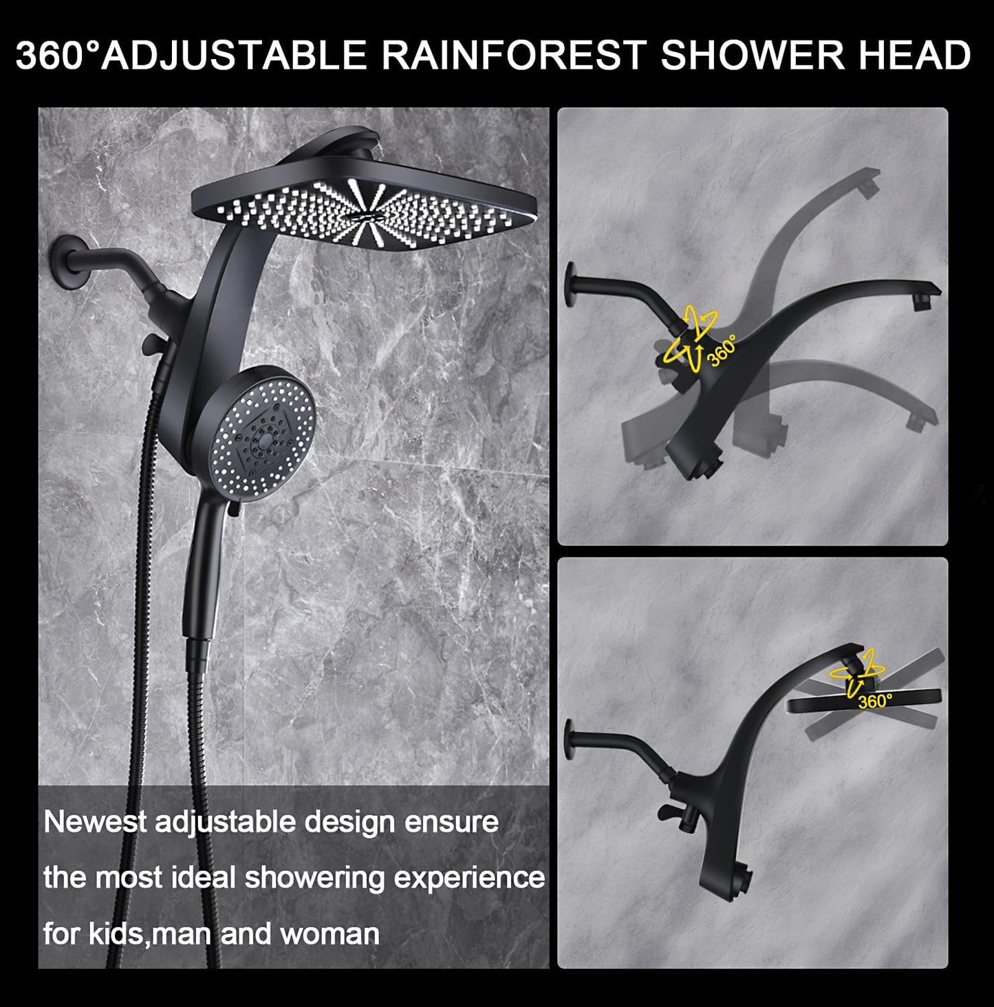 Rain Shower Head with Handheld Showerhead, Black 1.75GPM 460311 12" High Pressure Rainfall Shower Heads, 9 Sprays Handheld Showerheads, Magnetic Docking, Power Jets, 59" Shower Hose