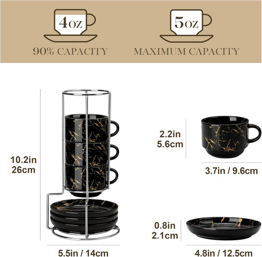 MALACASA Porcelain Espresso Cups Set of 4, with Saucers and Metal Stand, 4 Ounce Stackable Cappuccino Cups, Expresso Shots Cup Ceramic Demitasse Mugs, Marble Black