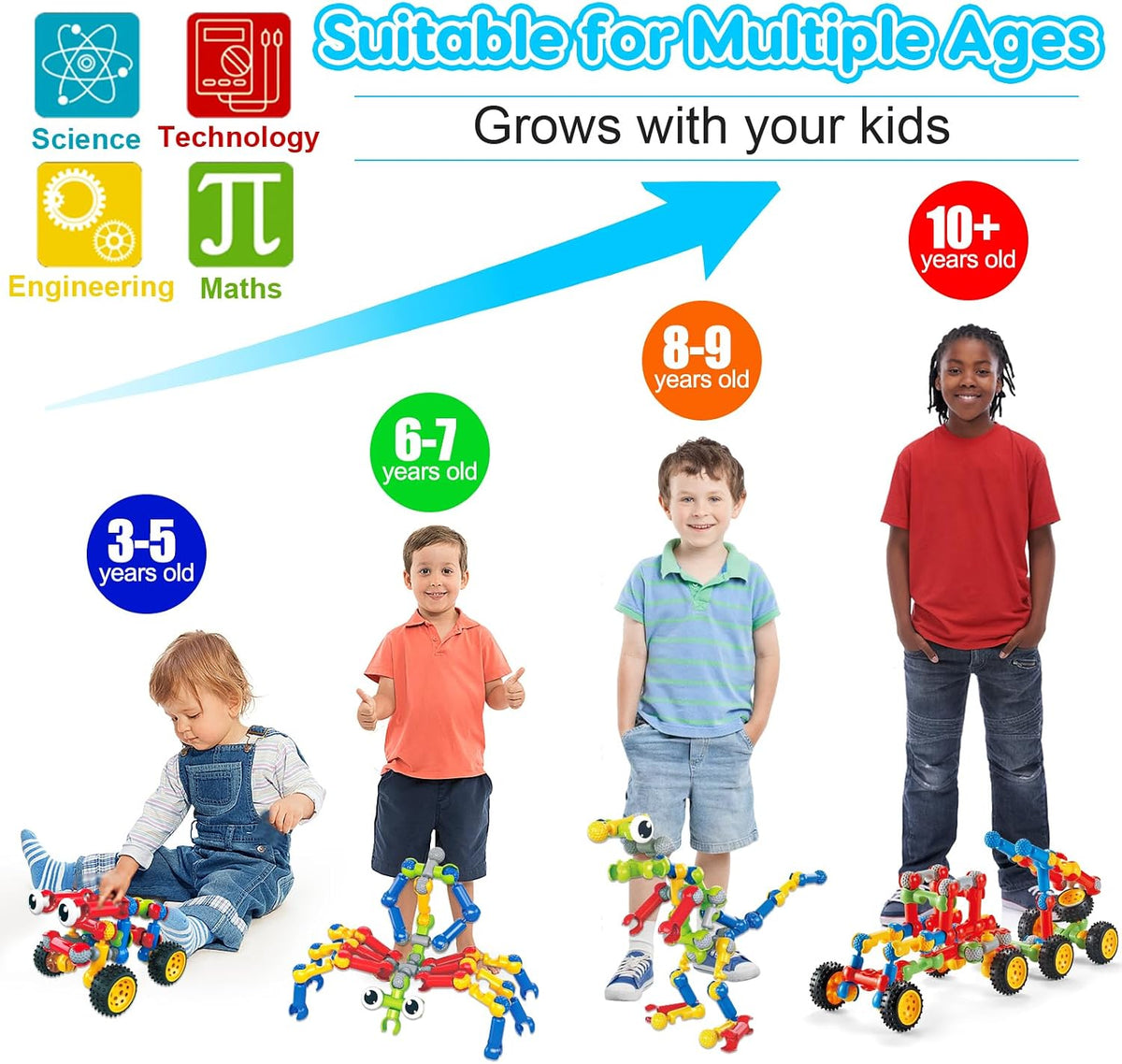 Qirptey 125-Piece STEM Building Toys for Kids Ages 3+, Educational Interlocking Building Blocks with Idea Booklet & Storage Box, Creative Engineering Construction Set