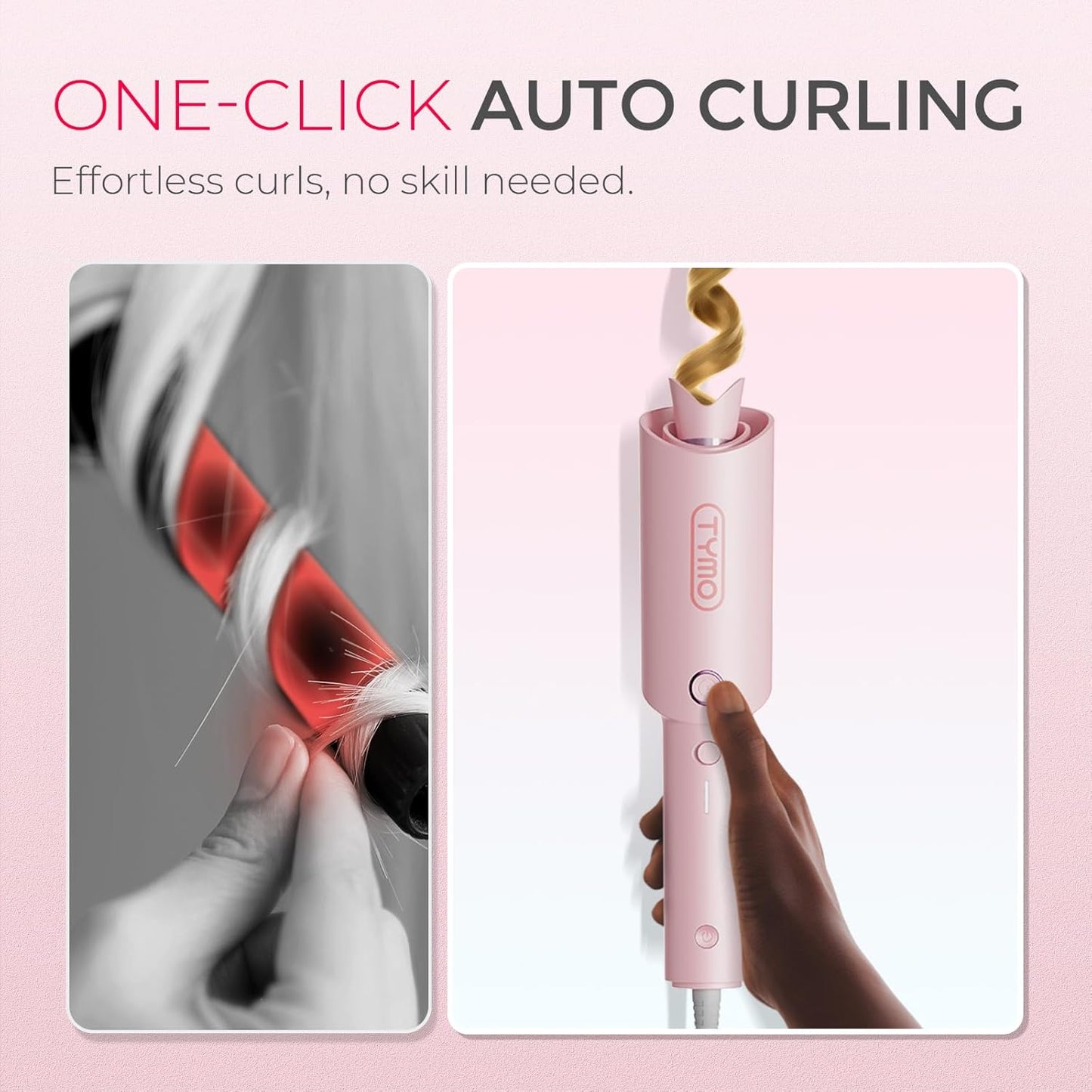 TYMO Automatic Rotating Curling Iron, TYMO CURLPRO Beach Waves Hair Curler 500 Million Ionic Curling Wand, Dual Voltage, Portable Lightweight for Travel, Ceramic Coating, 1 Inch, Pink