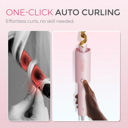 TYMO Automatic Rotating Curling Iron, TYMO CURLPRO Beach Waves Hair Curler 500 Million Ionic Curling Wand, Dual Voltage, Portable Lightweight for Travel, Ceramic Coating, 1 Inch, Pink