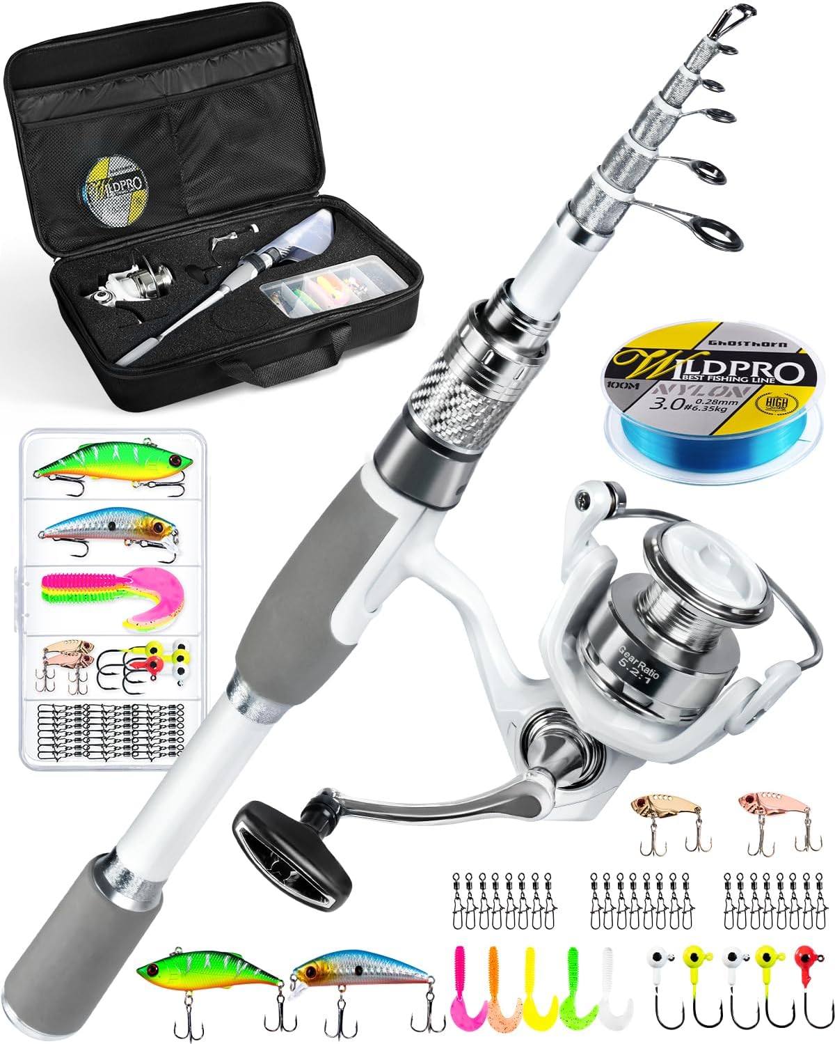 Ghosthorn Fishing Rod and Reel Combo, 6FT Silver Blade Telescopic Fishing Pole with Spinning Reel, 30-Ton Carbon Fiber, Carrier Bag, Fishing Line & Lure Box for Saltwater & Freshwater