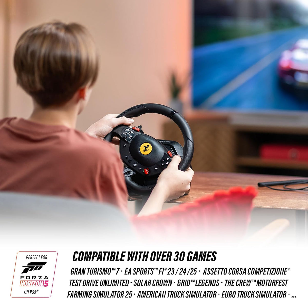 Thrustmaster T98 Ferrari 296 GTB - Racing Wheel and Pedal Set - PS5 & PC Beginner racing wheel, officially licensed by Ferrari, linear resistance, automatic return to centre, paddle shifters