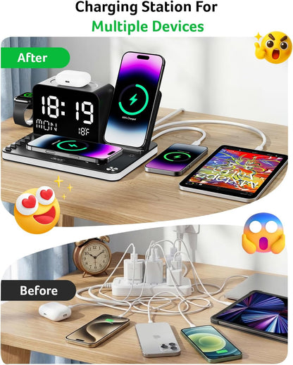 Acer Gadget 7-in-1 Wireless Charging Station Charger Stand for Multiple Devices for Apple - iPhone 17 16 15 14 13 12 Pro Max Apple Watch Airpods, Wireless iPhone Charger Station with Bluetooth TimeSyn
