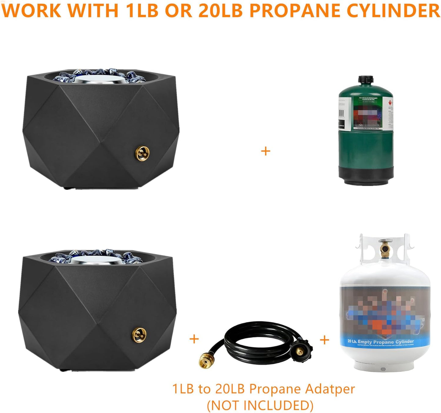14" Modern Gas Fire Pit Side-Mounted, Tabletop Fireplace, FP004 Portable Outdoor Propane Firepit with Glass Stones for Patio Backyard Porch Camping RV Tailgating, 5400BTU