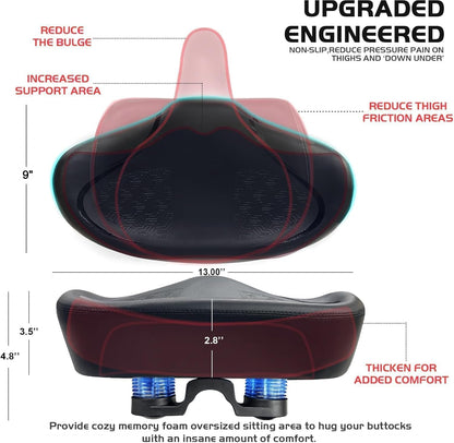 Twomaples Noseless Bike Seat Cushion for Men & Women, Extra-Wide Padded Bicycle Saddle with Memory Foam & Cooling Gel, Comfortable Seat for Exercise, Peloton, E-Bikes & Cruiser Bikes, Black