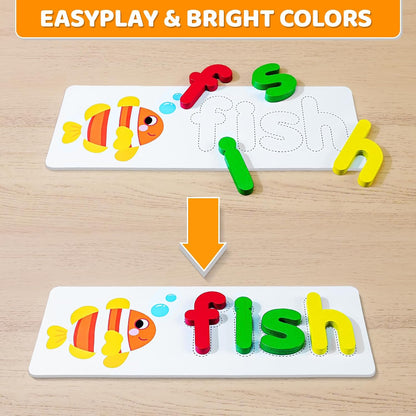BEESTECH Alphabet ABC Learning Educational Toys for Toddlers, Wooden Letter Matching Game with 28 Flash Cards & 52 Letters, Preschool ABC Learning Toy for Ages 3–4, Gift Set