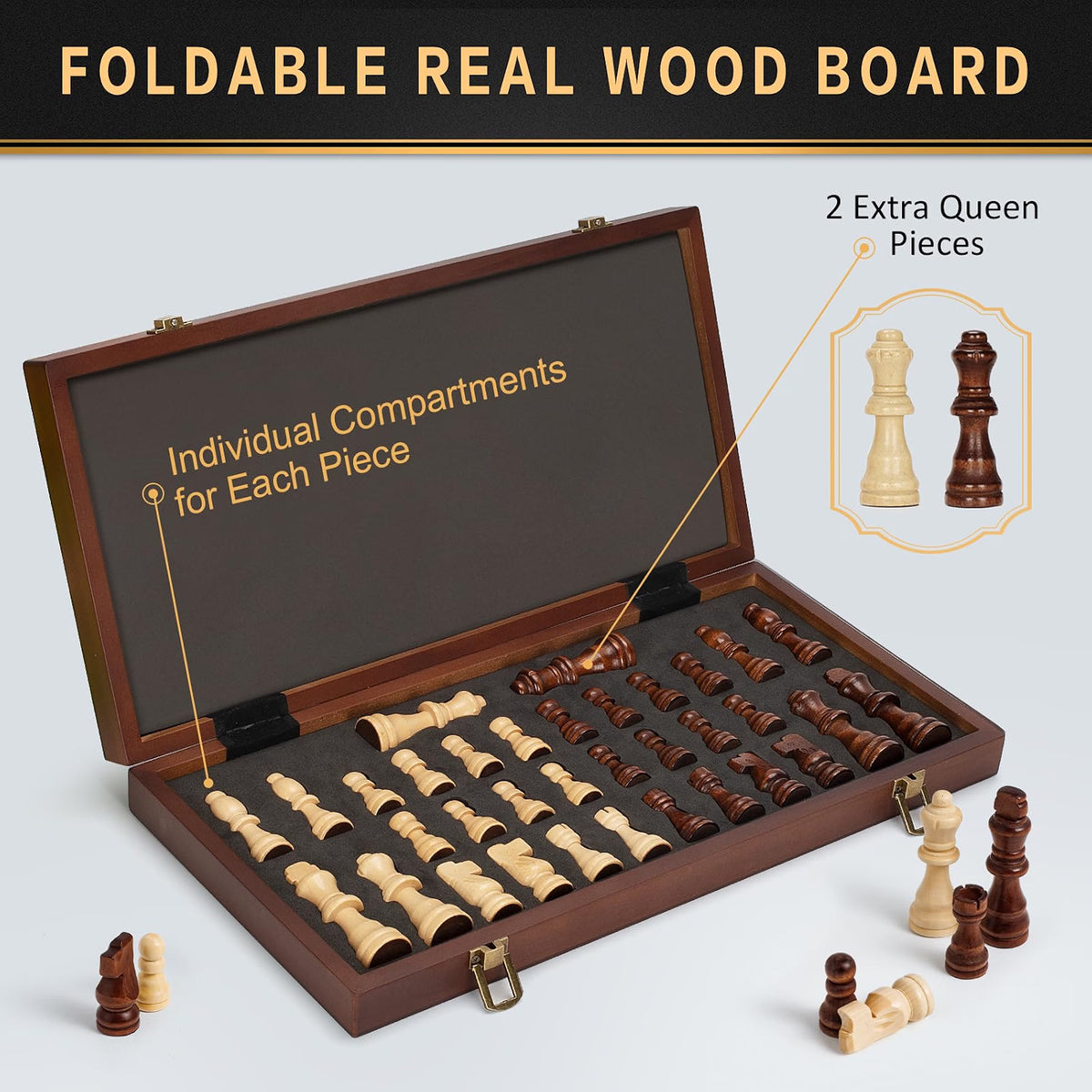 Jumlys Magnetic Wooden Chess Set, 15-Inch Folding Chess Board with 2 Extra Queens, Portable Travel Chess Set with Storage Slots, Solid Wood Chess Game for Adults & Kids