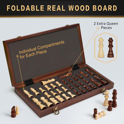 Jumlys Magnetic Wooden Chess Set, 15-Inch Folding Chess Board with 2 Extra Queens, Portable Travel Chess Set with Storage Slots, Solid Wood Chess Game for Adults & Kids
