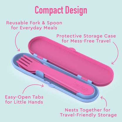Kids Plastic Utensil Set with Fork, Spoon & Storage Case, BPA-Free Reusable Travel Utensils