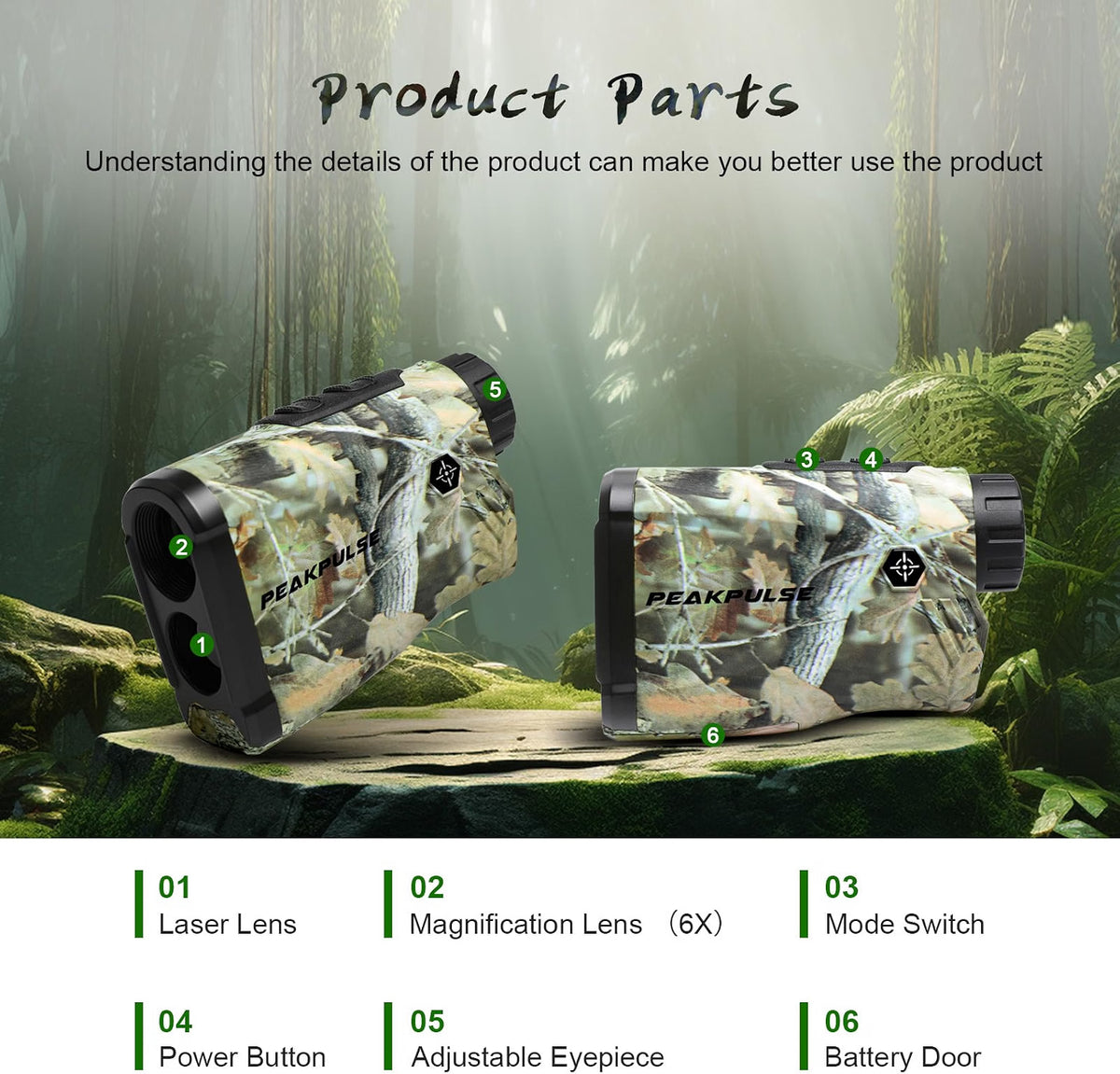 PEAKPULSE Hunting Range Finder 1400 Yards, 6X Laser Rangefinder with Angle, Horizontal & Vertical Measurement, IP54 Water Resistant, LC1200A-GR