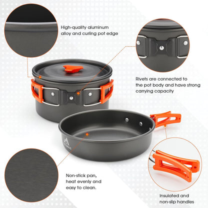 THTYBROS 17-Piece Camping Cookware Mess Kit, Hard-Anodized Aluminum Camping Cookware Set with Pot, Kettle, Frying Pan, Cups, Plates & Utensils for Camping, Backpacking & Picnic, Gray