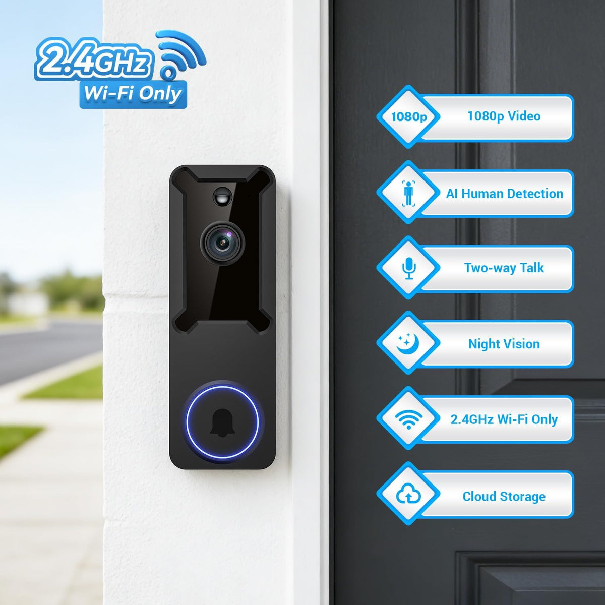 Wynoxian 1080p Wireless Wi-Fi Video Doorbell Camera, AI Human Detection, 120° Wide-Angle View, 2-Way Audio, Night Vision, IP65 Weather Resistant