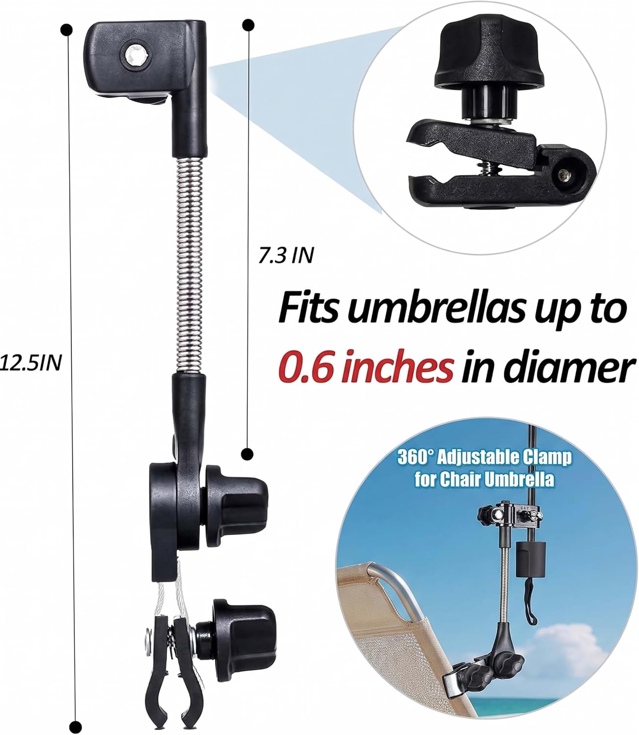 Adjustable Umbrella Holder for Chair and Stroller, Tool-Free Clamp Mount, Black
