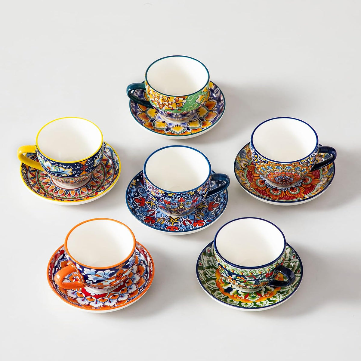 vancasso 8 Oz Cappuccino Cups, Porcelain Tea Cups and Saucers Set of 6 Bohemian Cappuccino Mugs,Perfect for Latte, Tea and Espresso, Microwave and Dishwasher Safe,Lead-Free and Non-Toxic