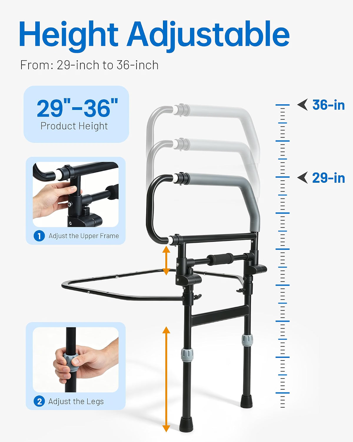 HyperionFlo Essentials Foldable Safety Bed Rail, Adjustable Height Bed Assist Rail with Storage Pocket, Steel Bedside Support Handle, Black