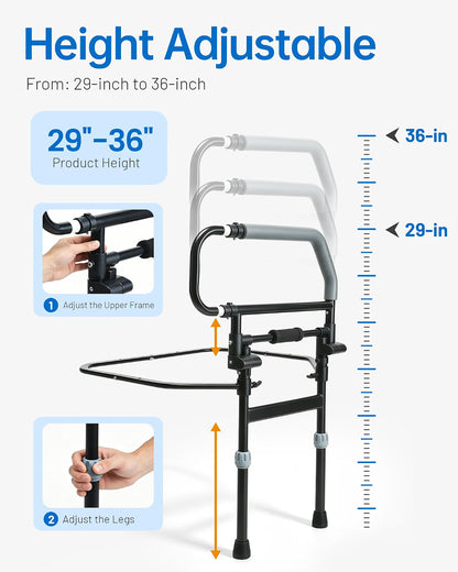HyperionFlo Essentials Foldable Safety Bed Rail, Adjustable Height Bed Assist Rail with Storage Pocket, Steel Bedside Support Handle, Black