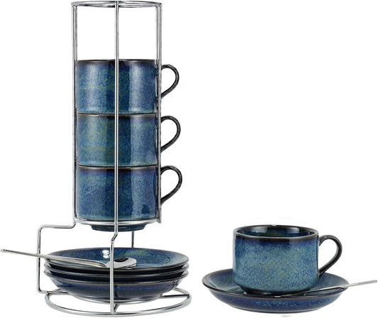 8 Ounce Cappuccino Cups Set of 4, Reactive Blue Stackable Demitasse Mugs, Includes Display Stand, Cups Saucers, and Spoons, for Machines & Home Use