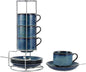 8 Ounce Cappuccino Cups Set of 4, Reactive Blue Stackable Demitasse Mugs, Includes Display Stand, Cups Saucers, and Spoons, for Machines & Home Use