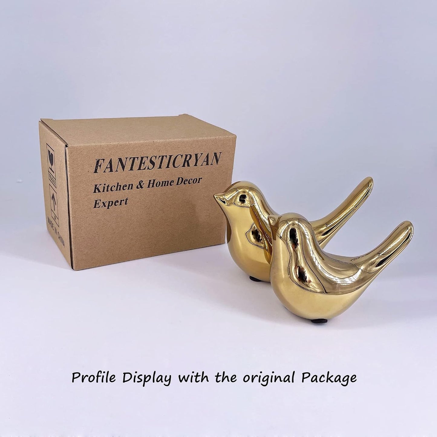 FANTESTICRYAN Small Gold Bird Statues Home Decor, Modern Ceramic Decorative Figurines, Medium & Large Pair Birds