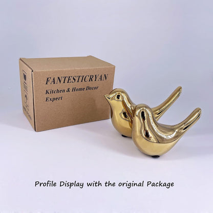 FANTESTICRYAN Small Gold Bird Statues Home Decor, Modern Ceramic Decorative Figurines, Medium & Large Pair Birds