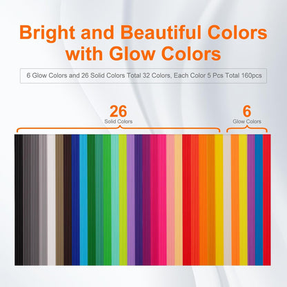 Kretrum 32-Color 3D Pen Refills for 3Doodler Start+, 160-Piece PCL Filament Pack, 2.5mm Low-Temperature Filament, 15cm Strands with Glow-in-the-Dark Colors